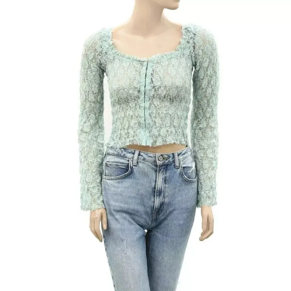 Free People FP One Madison Blouse Top Sheer Long Sleeve Fitted Smocked S 271602